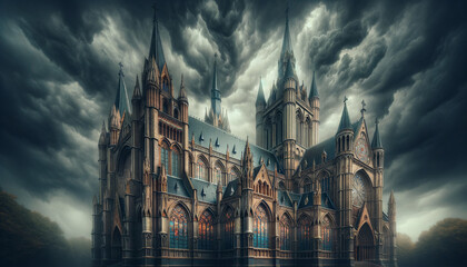 Majestic Gothic Cathedral Amidst a Cloudy Sky – A Monument of Medieval Architecture - obrazy, fototapety, plakaty