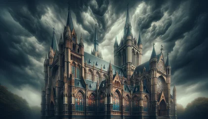 Fotobehang Majestic Gothic Cathedral Amidst a Cloudy Sky – A Monument of Medieval Architecture © Miva