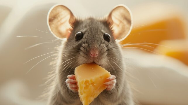  a mouse holding a piece of cheese in it's right hand and looking at the camera with a surprised look on its face, while it's face is holding a piece of cheese in its left hand.