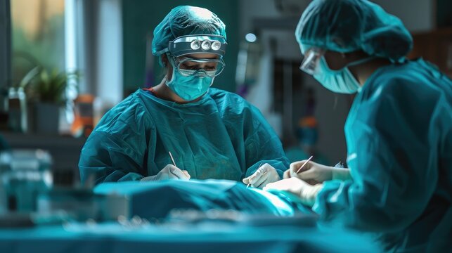 Surgeon and nurse during a dental operation.Anesthetized patient in the operating room.Installation of dental implants or tooth extraction in the clinic. General anesthesia during