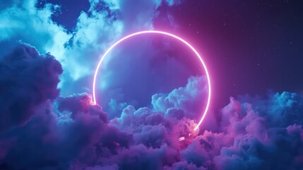3d render, abstract geometric background of colorful illuminated cloud and glowing neon linear circle - obrazy, fototapety, plakaty