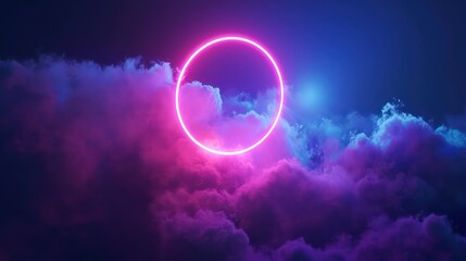 3d render, abstract geometric background of colorful illuminated cloud and glowing neon linear circle