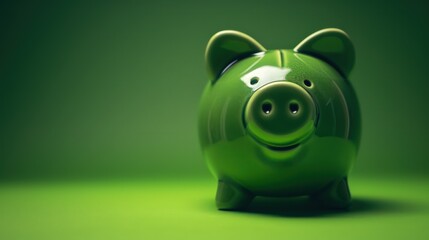 Creative background, green pig money box on green background. The concept of saving money, savings, pig piggy, family budget, copy space.