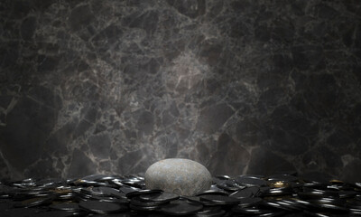 stones and coins for the podium on a dark gray background
