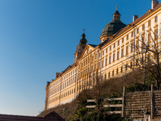 View on the interior and exterior of the Melk abbey and the Melk town in Lower Austria