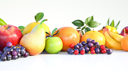 A vibrant selection of fresh fruits, including apples, oranges, and grapes, arranged neatly on a white background.
