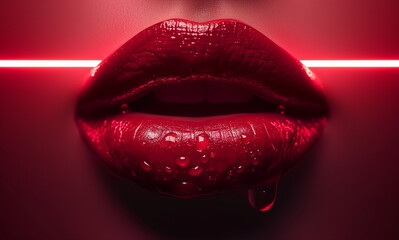 Moist red lips, neon red background