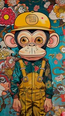 Monkey With Hard Hat Painting, A Portrait of a Cap-Wearing Primate