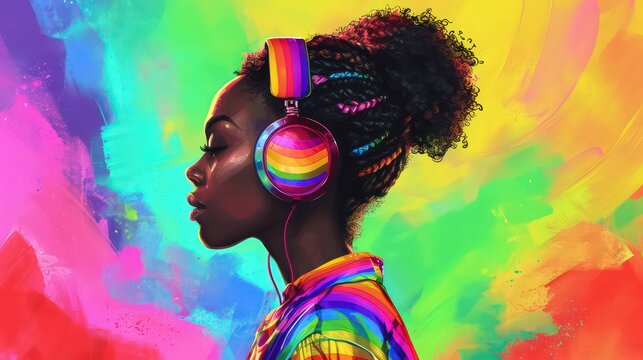 Abstract cartoon illustration of the woman in headphones. art illustration.
