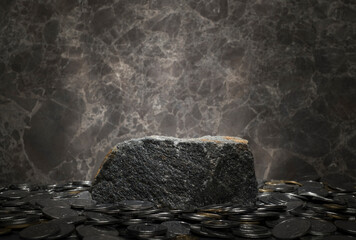stones and coins for the podium on a dark gray background