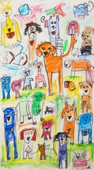 Childs Drawing of a Group of Dogs, Adorable, Colorful Illustration of Several Canines