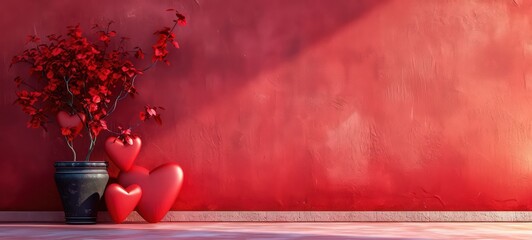 Valentine's Day background with mahogany tree with red leaves and hearts
