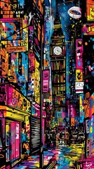 Cityscape Painting With Clock Tower, Urban Artwork