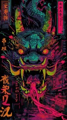 Obraz na płótnie Canvas Poster of a Demon With Asian Writing, Dark and Mysterious Artwork