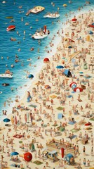 Vibrant Painting Depicting a Crowded Beach Scene With Many People