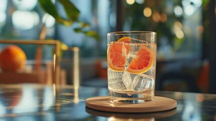  a close up of a glass of water with orange slices on the edge of the glass and another glass of water with orange slices on the side of the glass.