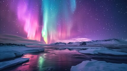  a purple and green aurora bore is in the sky above a body of water with ice on the ground and snow on the ground, and snow on the ground. - obrazy, fototapety, plakaty