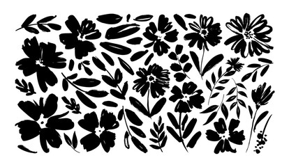 Chamomile hand drawn black paint vector set. Ink drawing flowers and leaves, small branches. Monochrome artistic botanical clip arts. Daisy, aster, chrysanthemum. Flower silhouettes painted with brush - obrazy, fototapety, plakaty