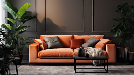 Contemporary interior with modern orange sofa, room in grey tones,