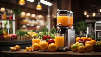 A modern juice machine in a vibrant environment, exuding an atmosphere of dynamic energy and healthy goodness with fresh fruit on wooden table