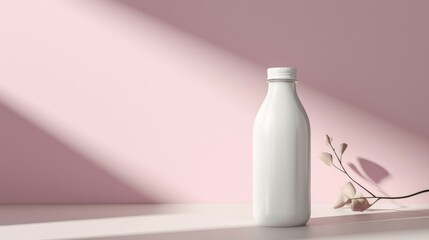  a white bottle sitting on top of a table next to a vase with a plant in it and a long shadow on the wall behind the bottle is a pink wall.