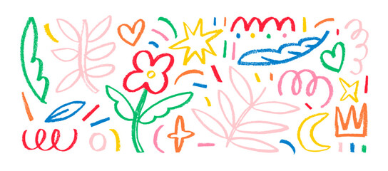 Colorful charcoal doodle shapes and hand drawn elements collection. Pencil flowers, crowns, stars and speckles.