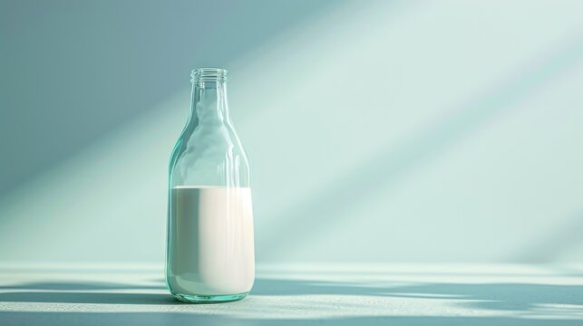  a glass bottle filled with milk sitting on top of a blue counter top next to a shadow of a light coming from the top of the bottle onto the floor.