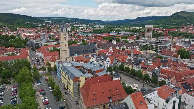 Aerial drone view of Jena‘s Market place or Marktplatz in Jena , Thuringia, Germany
