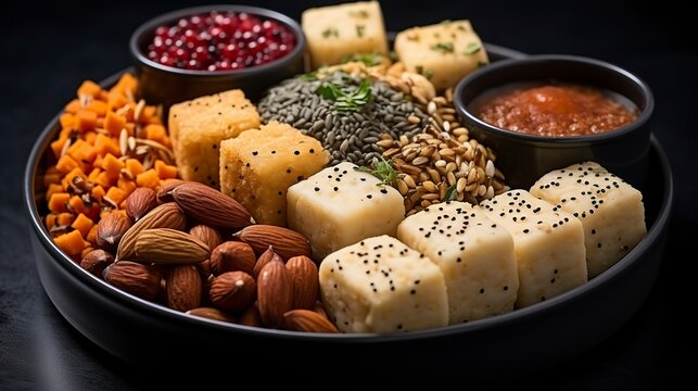 indian sweets in a plate includes gulab jamun, rasgulla, kaju katli, morichoor or bundi laddu, gujiya or karanji