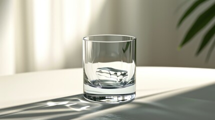  a glass of water sitting on top of a table next to a potted plant on top of a white table with a shadow from the glass on the table.