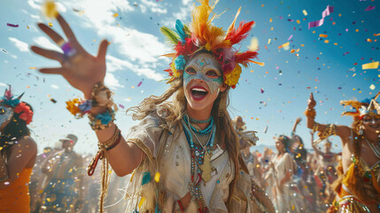 Carnival, festival and party. Joyful woman in carnival mask at a festive parade with confetti. - obrazy, fototapety, plakaty