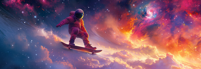Colorful space scene with a person riding a skateboard. Skateboarding in the cosmos, colorful clouds - obrazy, fototapety, plakaty