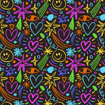 Colorful fun doodle childish elements seamless pattern. Creative cute charcoal or pencil shapes.