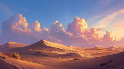  a painting of a desert scene with clouds in the sky and sand dunes in the foreground, and grass in the foreground, and bushes in the foreground.