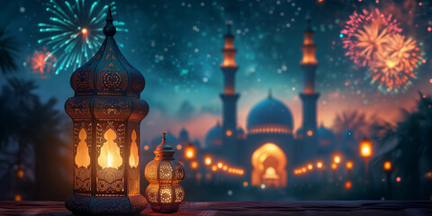 Ramadan Kareem and Eid Mubarak. Illustration for background or banner. Ramadan lanterns with a mosque and fireworks in the backdrop, perfect for a festive