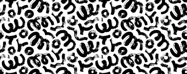 Brush and marker drawn bold doodle lines seamless banner design. Chaotic squiggles with thick circles.