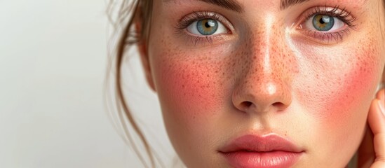 After successful rosacea treatment on a Caucasian woman's face, laser surgery removes redness and visible blood vessels. - obrazy, fototapety, plakaty