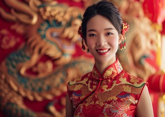 Fototapeta premium Chinese New Year Dragon Female Model Qipao Traditional Dress Background Wallpaper Image