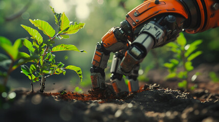 Fototapeta premium Robot Planting Tree, Nature - Technology