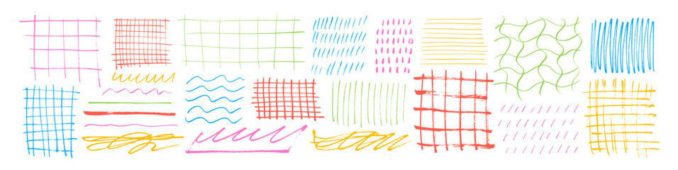 Colorful hand drawn doodle grids and simple patterns collection. Charcoal or pencil drawing.