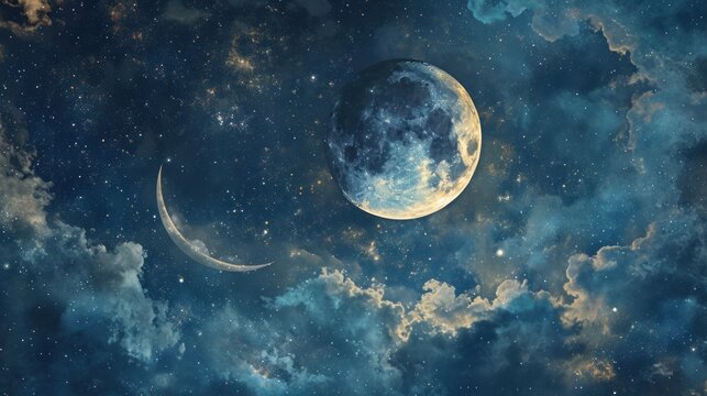  a painting of a half moon and a half moon in the night sky with stars and clouds in the foreground and the moon in the middle of the night sky.