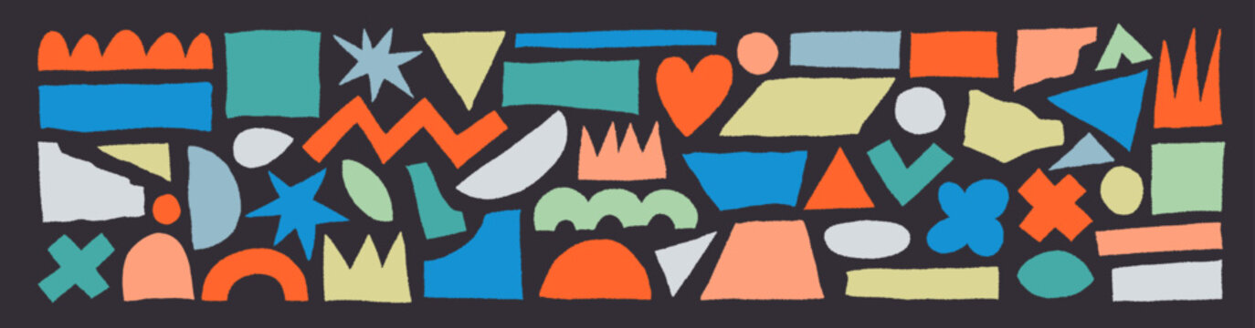 Colorful ripped and cutout paper torn strips and shapes collection. Torn paper in form of crowns, heart, basic geometric shapes, stars and crosses.