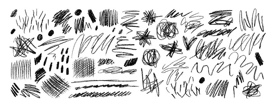 Messy doodles and curved lines drawn with pencil or charcoal. Vector scribble curly brush strokes.