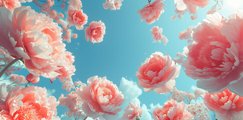 Light pink roses on the sky background - obrazy, fototapety, plakaty
