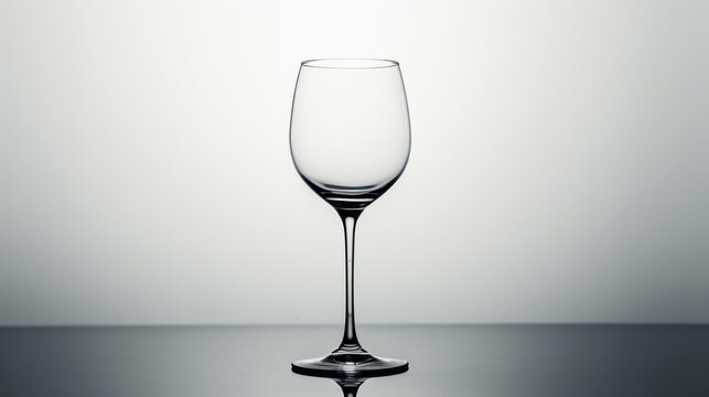  a wine glass sitting on a table in front of a white wall with a reflection of the wine glass on the table and the wine glass in the foreground.