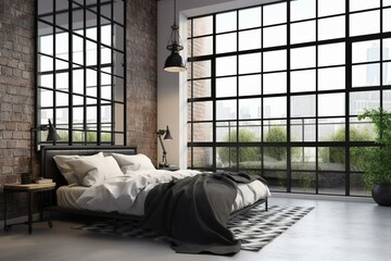 3D rendering of a loft style bedroom featuring a white brick wall, polished concrete floor, black steel structure, black furniture, and large windows with a view of nature. Generative AI - obrazy, fototapety, plakaty