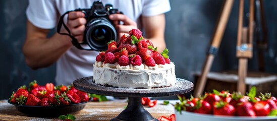 Photographer capturing dessert photos for cooking blog. - obrazy, fototapety, plakaty