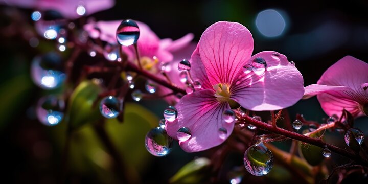Tiny droplets like glowing gemstones adorn the flowers