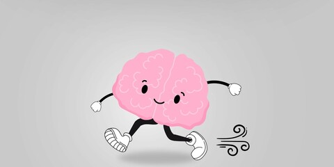Cute brain cartoon character running. Mental exercise.