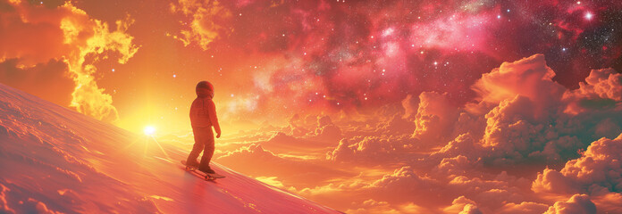 Colorful space scene with a person riding a skateboard. 
Driving in the cosmos, colorful clouds